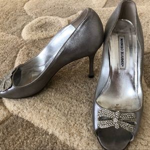 Manolo Blahnik Hangisi Silver heel w/crystal bow
